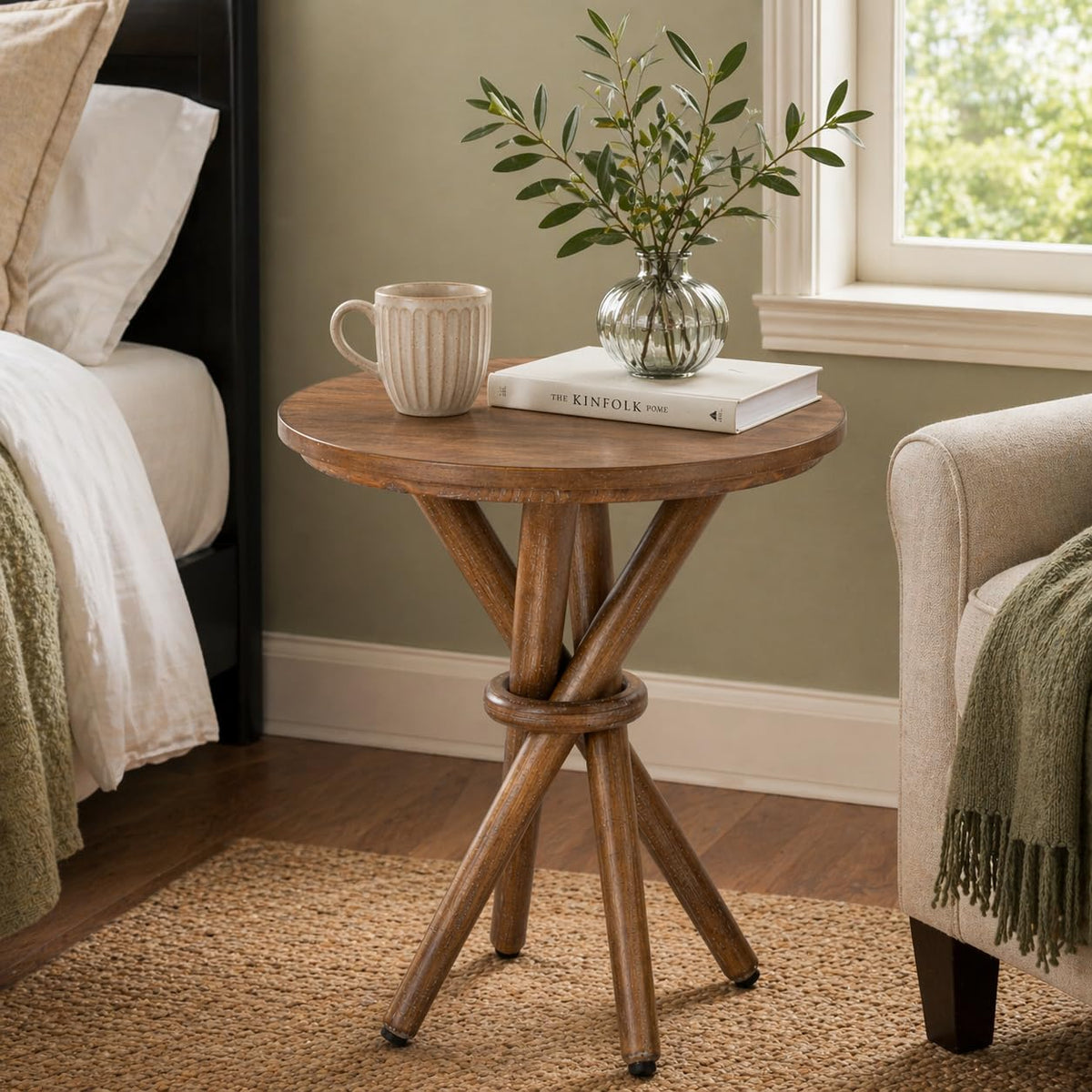 COZAYH Small Round Wood End Table Farmhouse Wooden Side Table Rustic Plant Stand with Bundled Legs for Living Room, Office, Walnut
