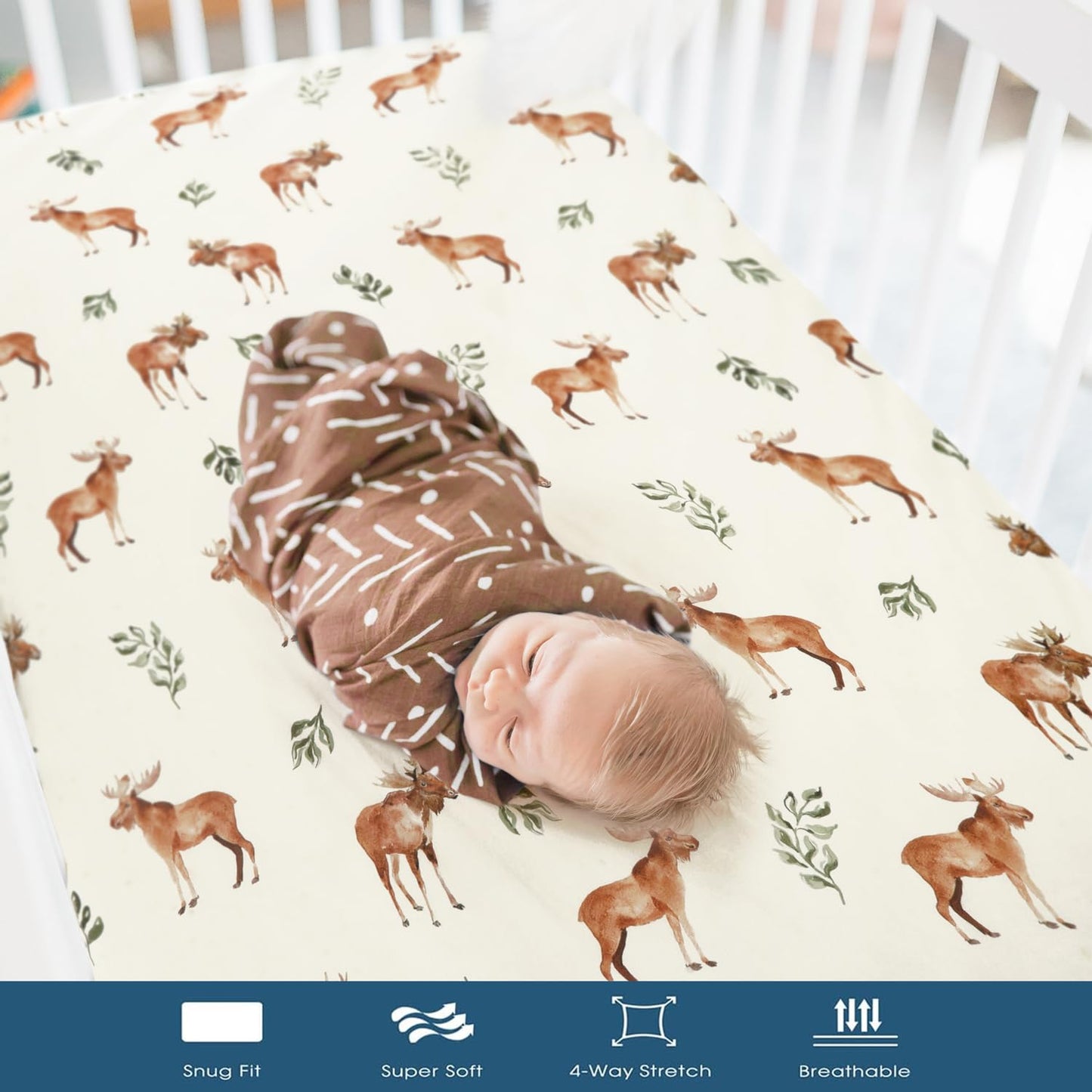 GRSSDER Stretchy Ultra Soft Jersey Knit Pack and Play Sheets 2 Pack, Portable/Mini Crib Sheets Universal Fitted for Playpen Mattress Safe and Snug, Elk Print