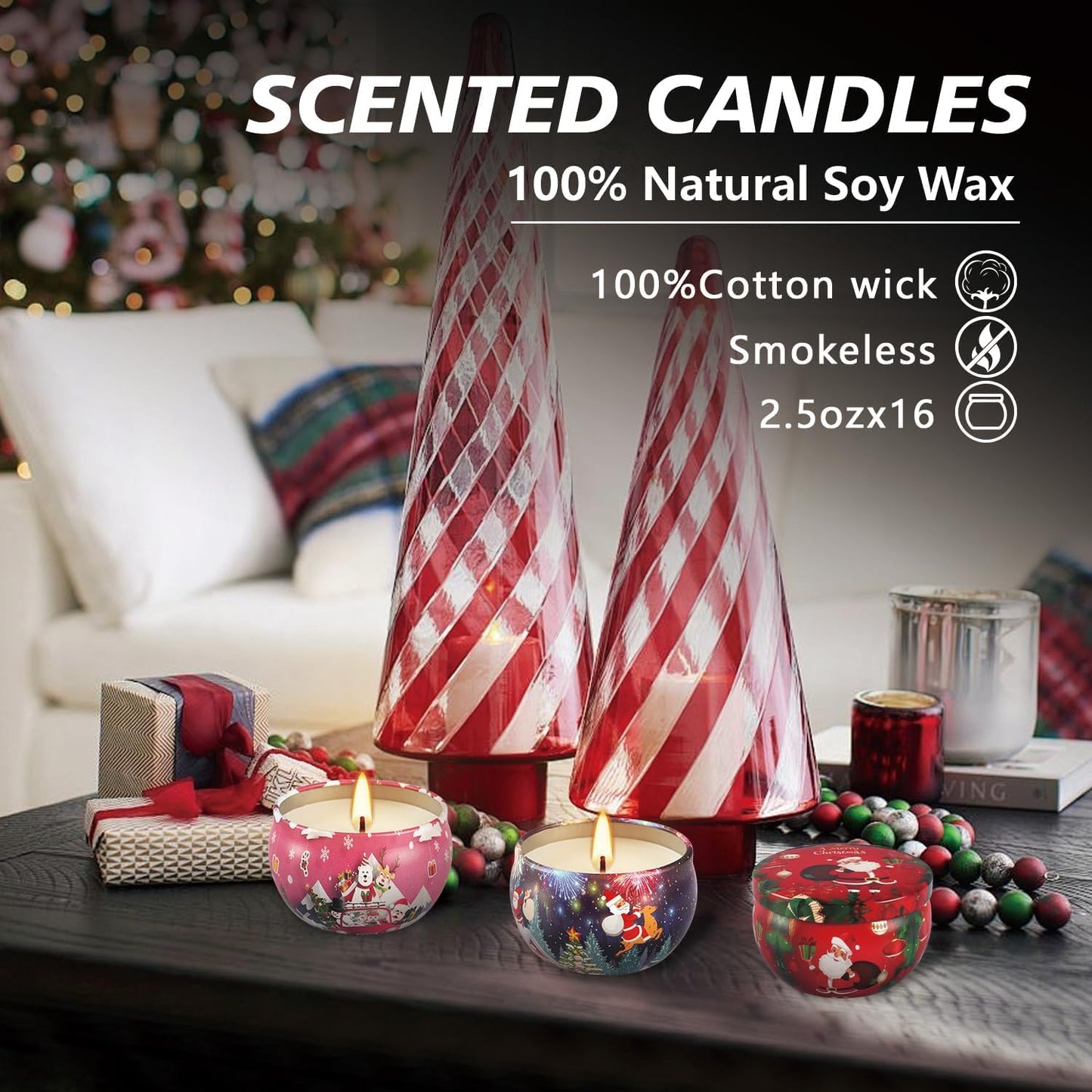 YOROXRG 16 Pack Christmas Scented Candles Gift Set 2.5oz Strong Fragrance jar Candles Natural Soy Wax Candles Portable Travel Tin Jar Candles Gifts for Home Scented Decoration Birthday Valentine'sDay