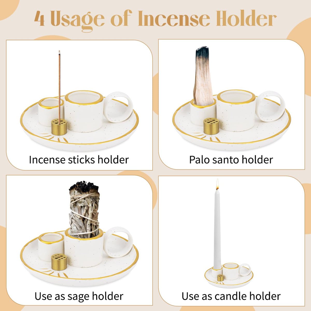 SelfTek 5 in 1 Incense Holder for Sticks, Ceramic Incense Burner Holder and Ash Catcher Tray, Palo Santo Holder - 9 Incense Holes for Candle, Sage Holder for Burning for Meditation Yoga Room (White)