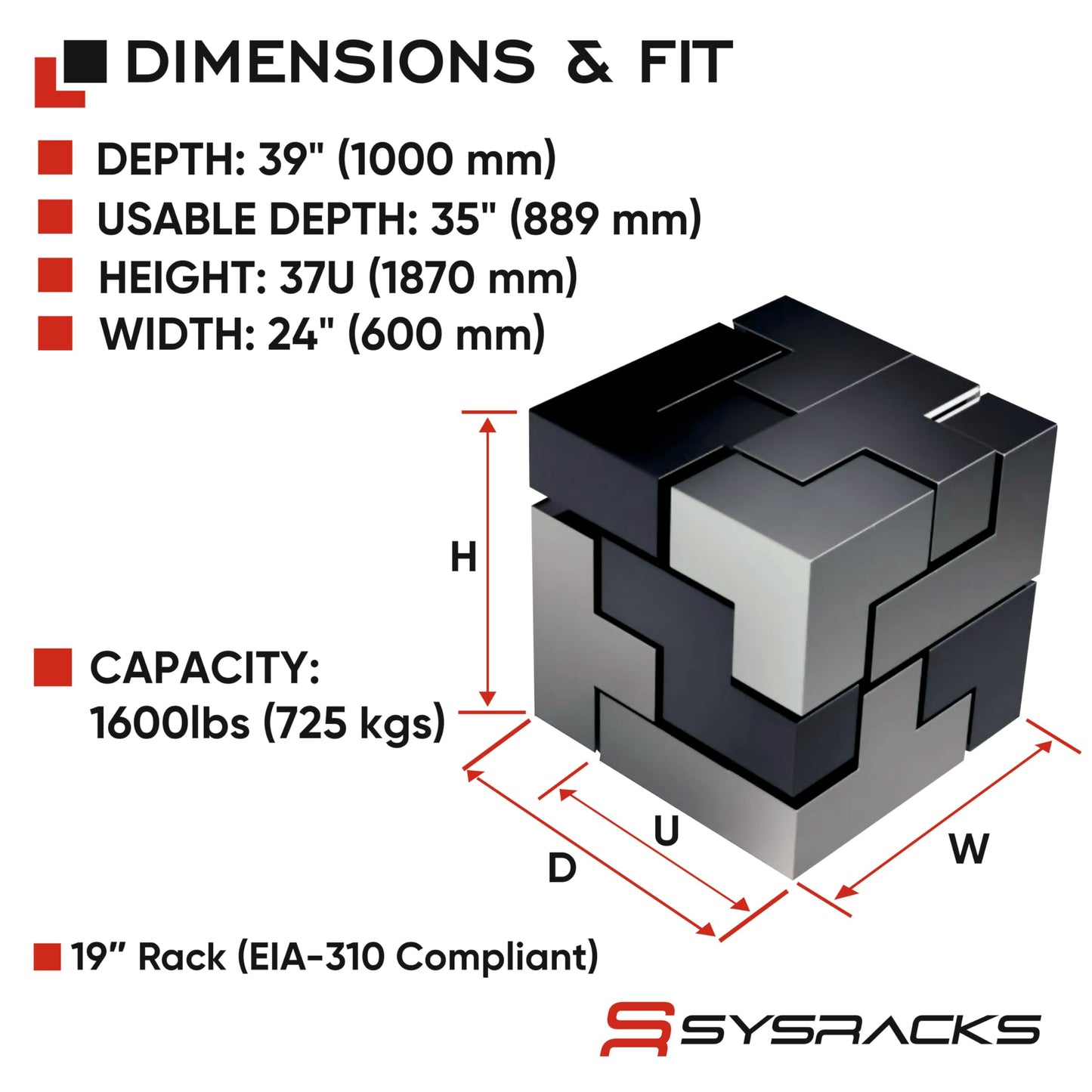 Sysracks 37U Server Rack Cabinet, 39” Deep 19” Floor Standing Enclosed Network Rack for Home Lab, NAS, UPS & AV Gear, Vented Doors, 4 Fans, PDU, Shelf, 1600 lb Capacity