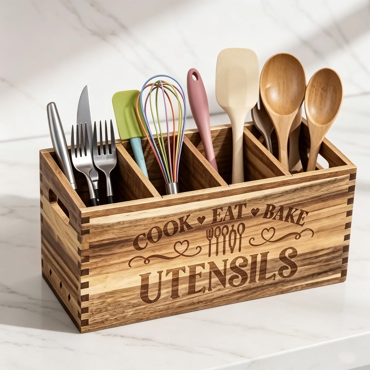 toytoto Large Acacia Wooden Utensil Holder for Kitchen Countertop