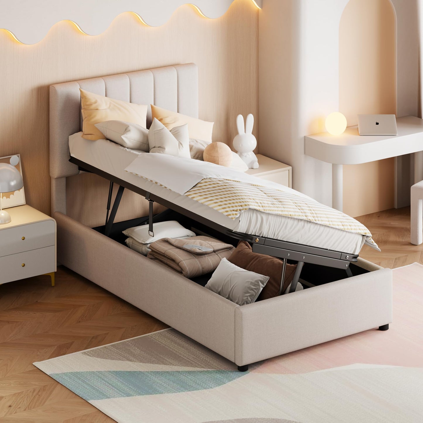 Twin Size Upholstered Platform Bed with Hydraulic Storage System, Vertical Stripe Headboard, Lift Up Storage Bed Frame with Slats Support No Box Spring Needed Modern Bedroom Furniture, Beige