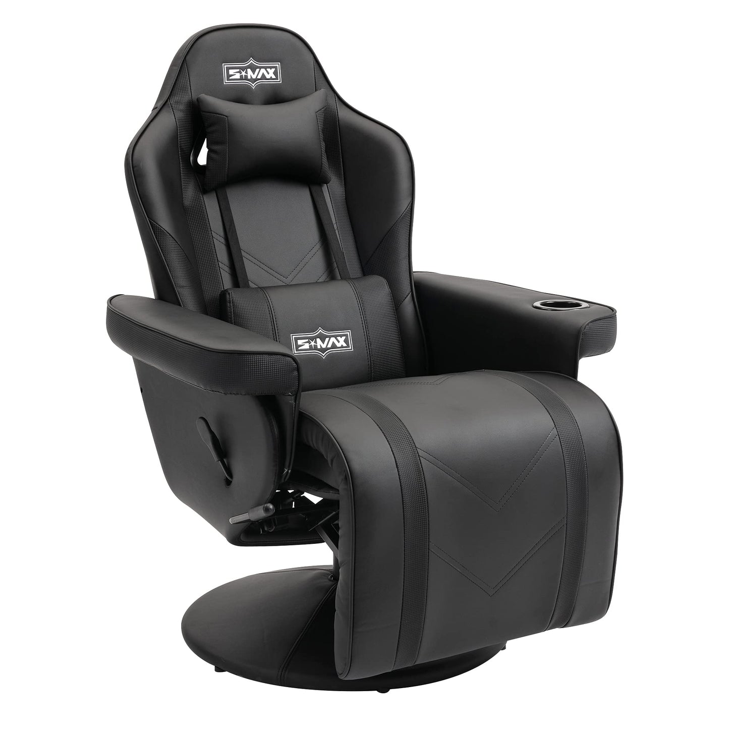 S*MAX Gaming Recliner Chair for Adults Racing Style Ergonomic High Back Swivel PU Leather Gaming Chair with Adjustable Backrest and Footrest Cup Holder Side Pouch Black