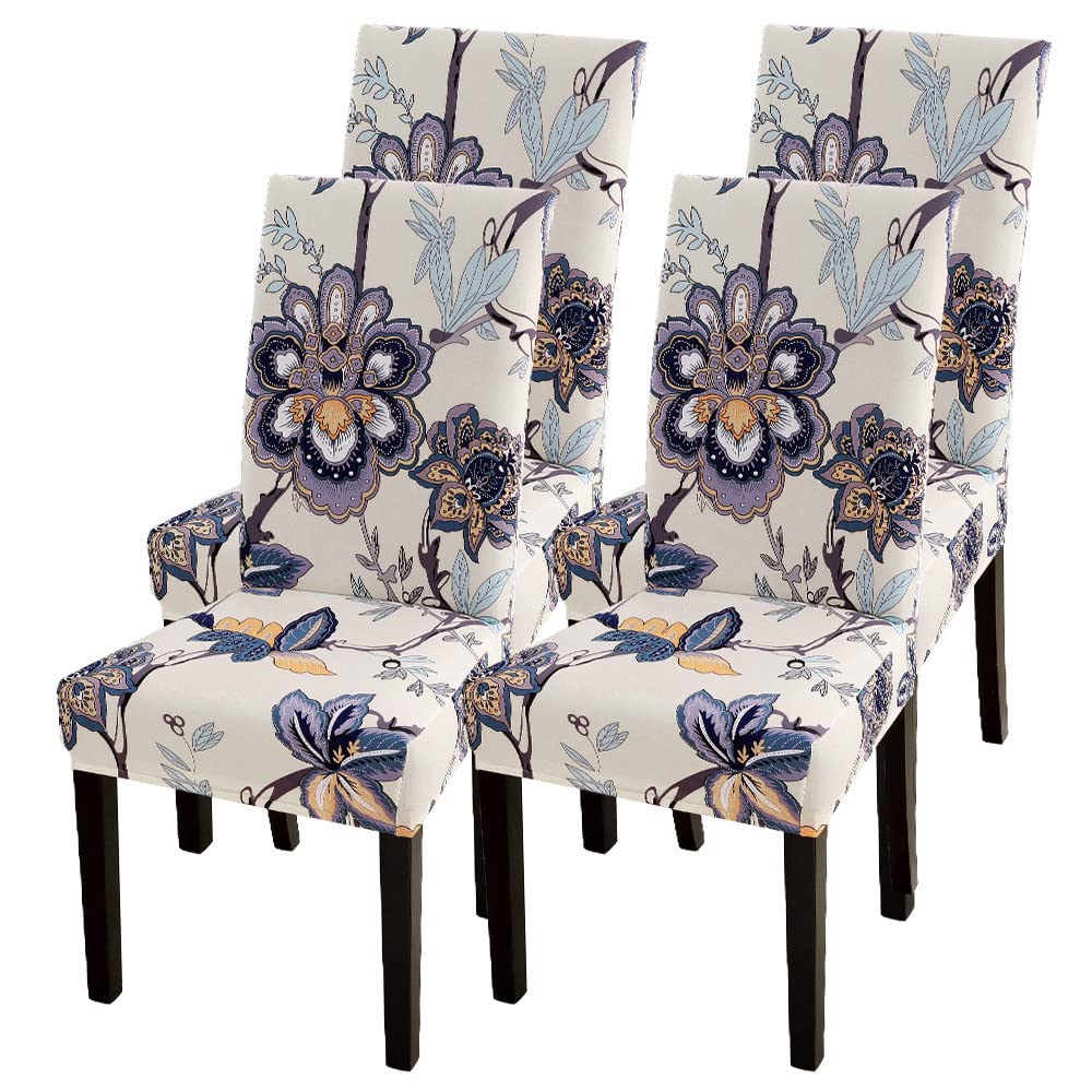 SearchI Dining Room Chair Covers Set of 4, Stretch Printed Floral Parsons Chair Slipcovers Spandex Removable Washable Kitchen Chair Protector Cover for Dining Room, Hotel, Ceremony (Beige+Flower)