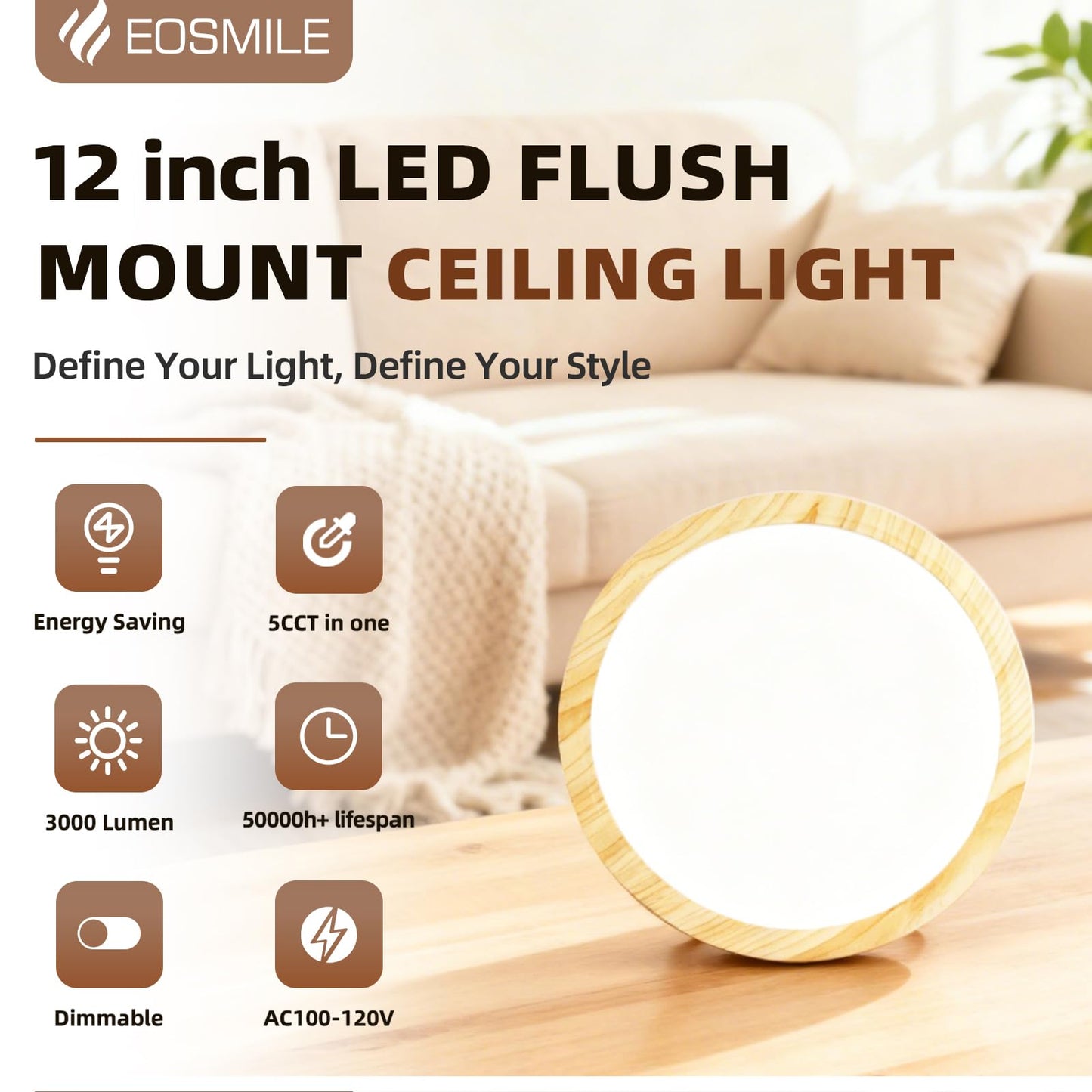 EOSMILE 12 Inch Wood Grain LED Flush Mount Ceiling Light, 25W, 3000LM, CRI 95+, 2700K-5000K 5-Color Selectable & Dimmable, Thin Flat Surface-Mounted Fixture for Bedroom, Hallway, Living Room
