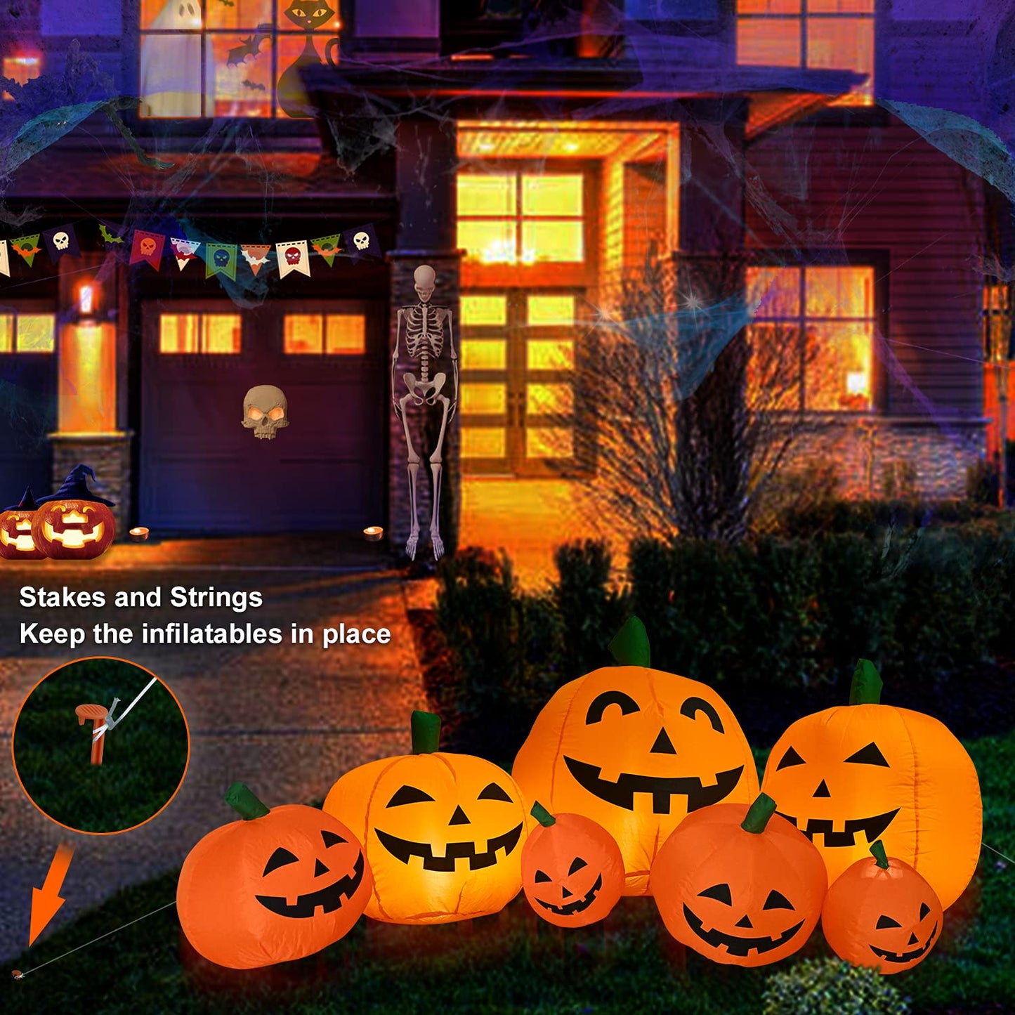 TechKen Halloween Inflatables 8FT Long Inflatable Pumpkins with Built-in LEDs - Outdoor Yard Decorations for Harvest and Halloween Party, Garden, Lawn - Fun Halloween Decors Harvest Giant Pumpkins