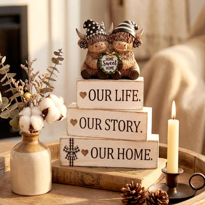 Yousoontic 4 Pcs Rustic Wooden Highland Cow Figurines Set, Farmhouse Table Decor Home Sweet Home Stackable Centerpiece for Entryway Tiered Tray Shelf Living Room Office Decor, Housewarming Gift