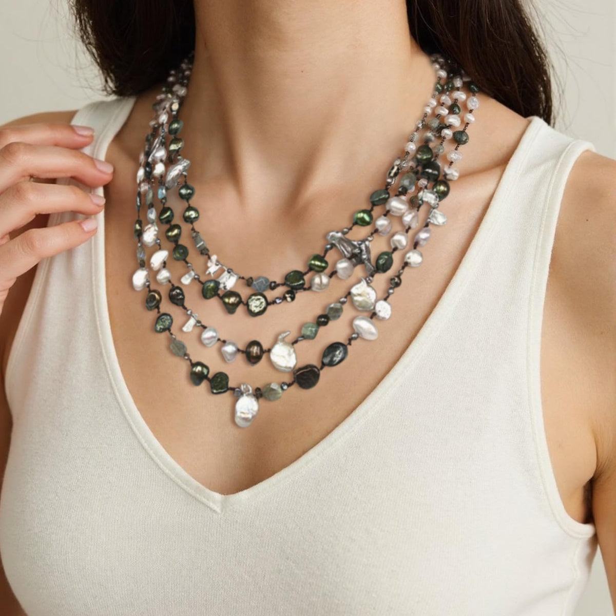 Classic Multicolor Versatile 18" Multi-Strand Freshwater Pearl Necklace with 8-9mm Multicolor Baroque Pearls & Crystal Pearl Clasp Luxury Jewelry Gift