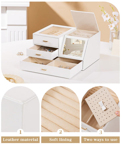 Homde Women Mirror Jewelry Box: Organizer Case with Clear Lid for Ring Necklace Earring - Gift for Young Women (White)