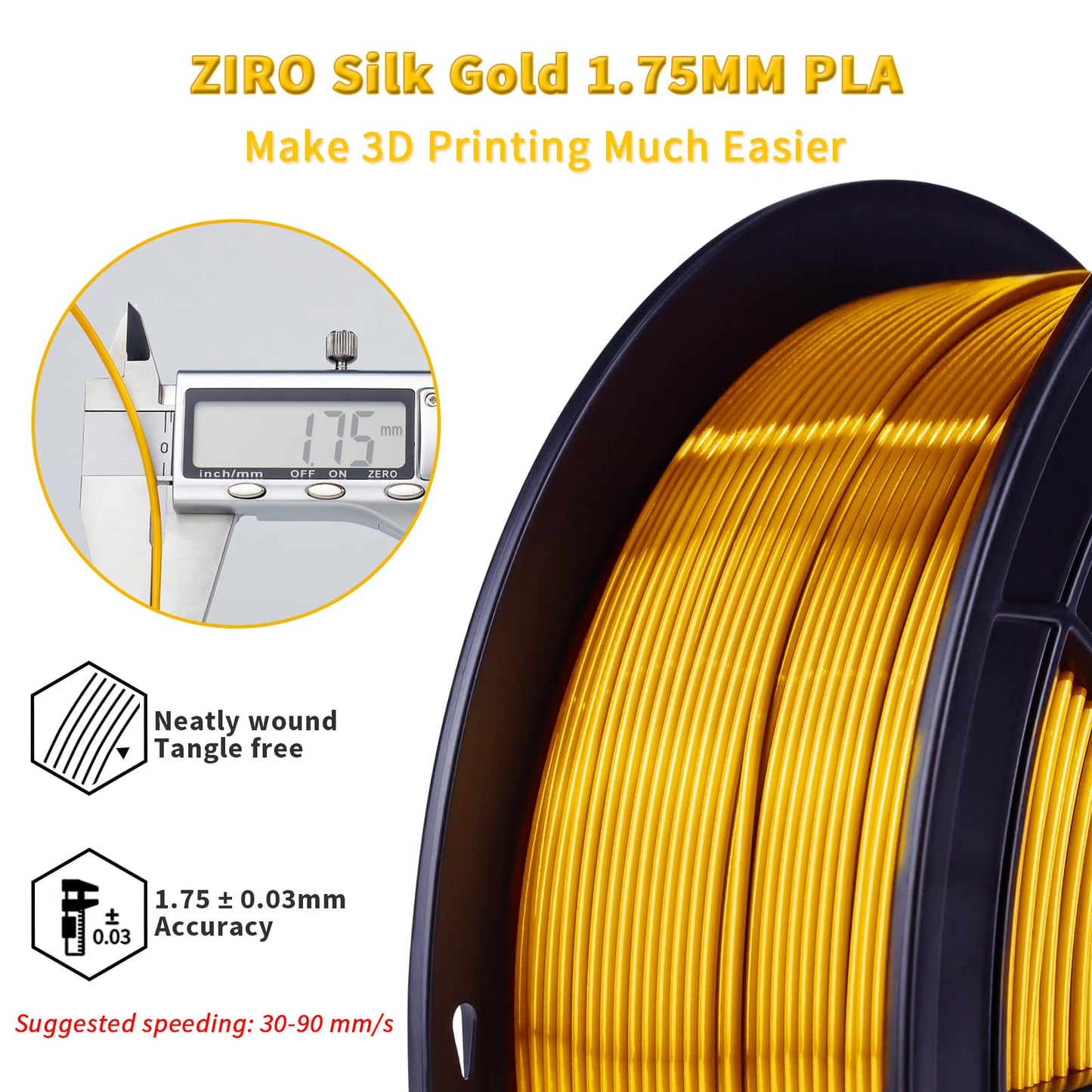 ZIRO PLA Silk Filament 1.75mm, 3D Printer Filament PLA Silky Series 1.75mm 1KG(2.2lbs), Dimensional Accuracy +/- 0.03mm, Gold