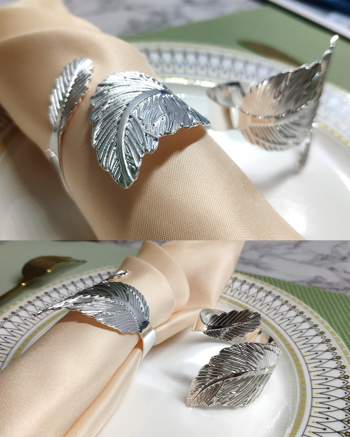 SEEBRIDER Napkin Rings Set of 12, Napkin Rings Silver Leaf Metal for Table Setting Wedding Birthday Anniversary Easter Christmas Halloween Thanksgiving Party Fall