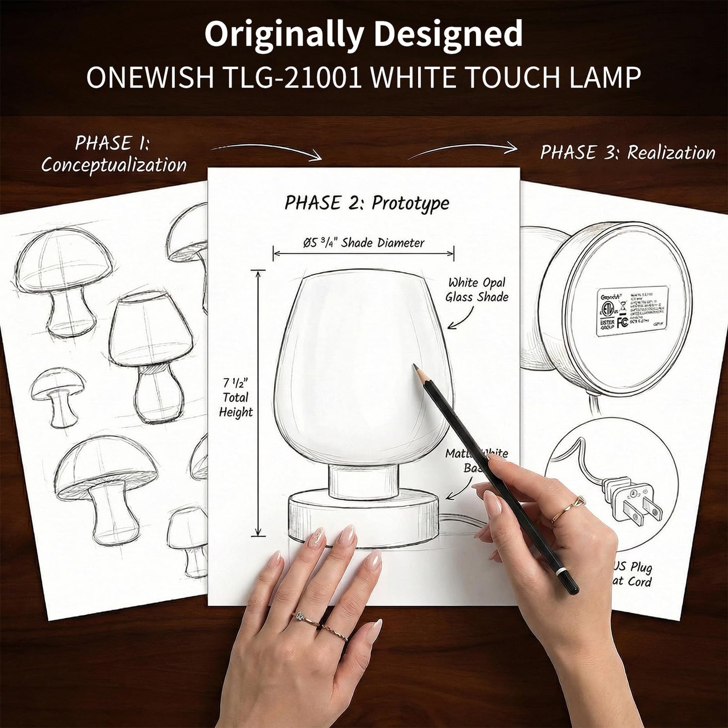 ONEWISH Small Bedside Lamp for Bedroom, 3-Way Dimmable Touch Control, 600 Lumen Bright Opal Glass Shade, 7.5 Inch Ultra Compact Nightstand Lamp, Warm White 2700K LED Bulb Included, Modern Design