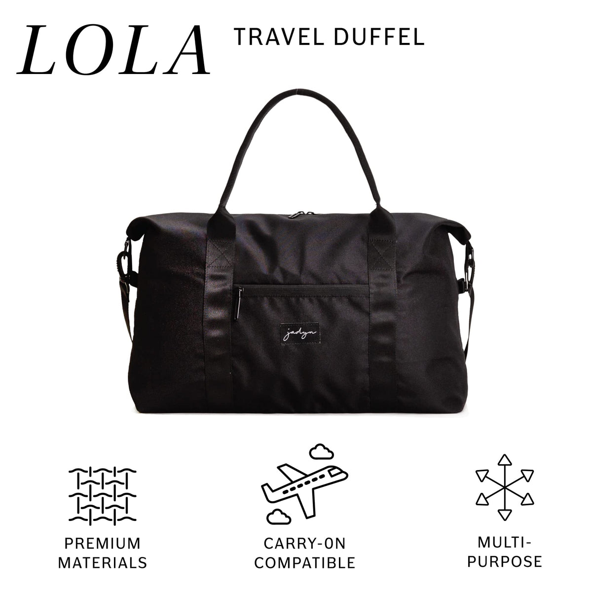 Jadyn Lola Travel Bag, Weekender/Overnight Duffel, Gym Tote Bag for Women, Men (Black)