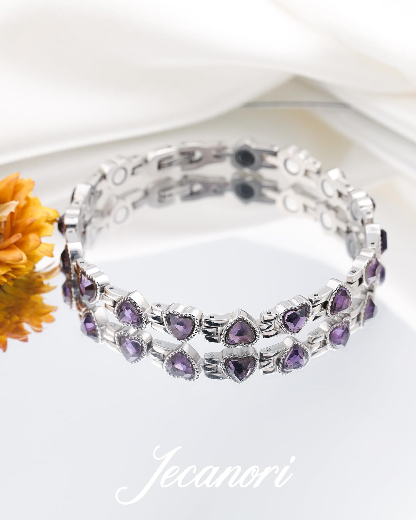 Jecanori Magnetic Bracelet for Women - Titanium Steel Wristband with Sparkling Heart-shaped Cubic Zirconia, Women's Bracelet with Removal Tool & Gift Box, Purple