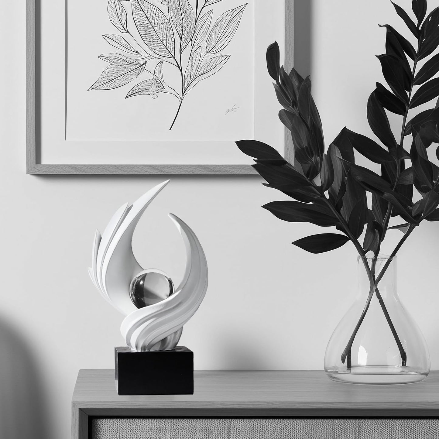 Modern Art Statue Decor, Abstract Swirl-Shaped Sculpture with Glass Ball Resin Art Figurines Centerpiece Sculptures for Home Decor Living Room Stand Coffee Table Office Bookshelf Decoration (white)