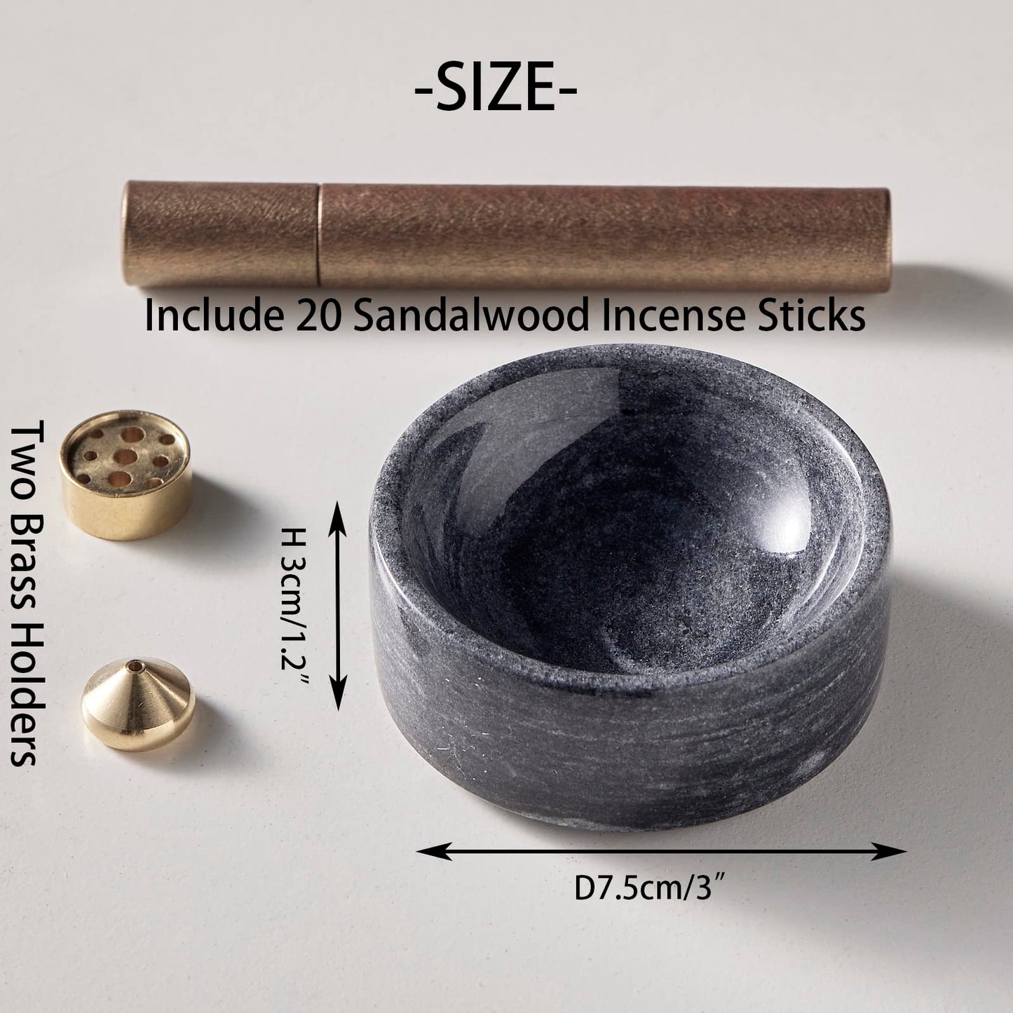 PHINILUX 100% Marble Incense Holder Set, Stick Burner, Cone Ash Catcher Bowl, Japanese Incense Stand with Sandalwood Sticks and 2 Brass Burners, Mini-3”, Zen,Gray