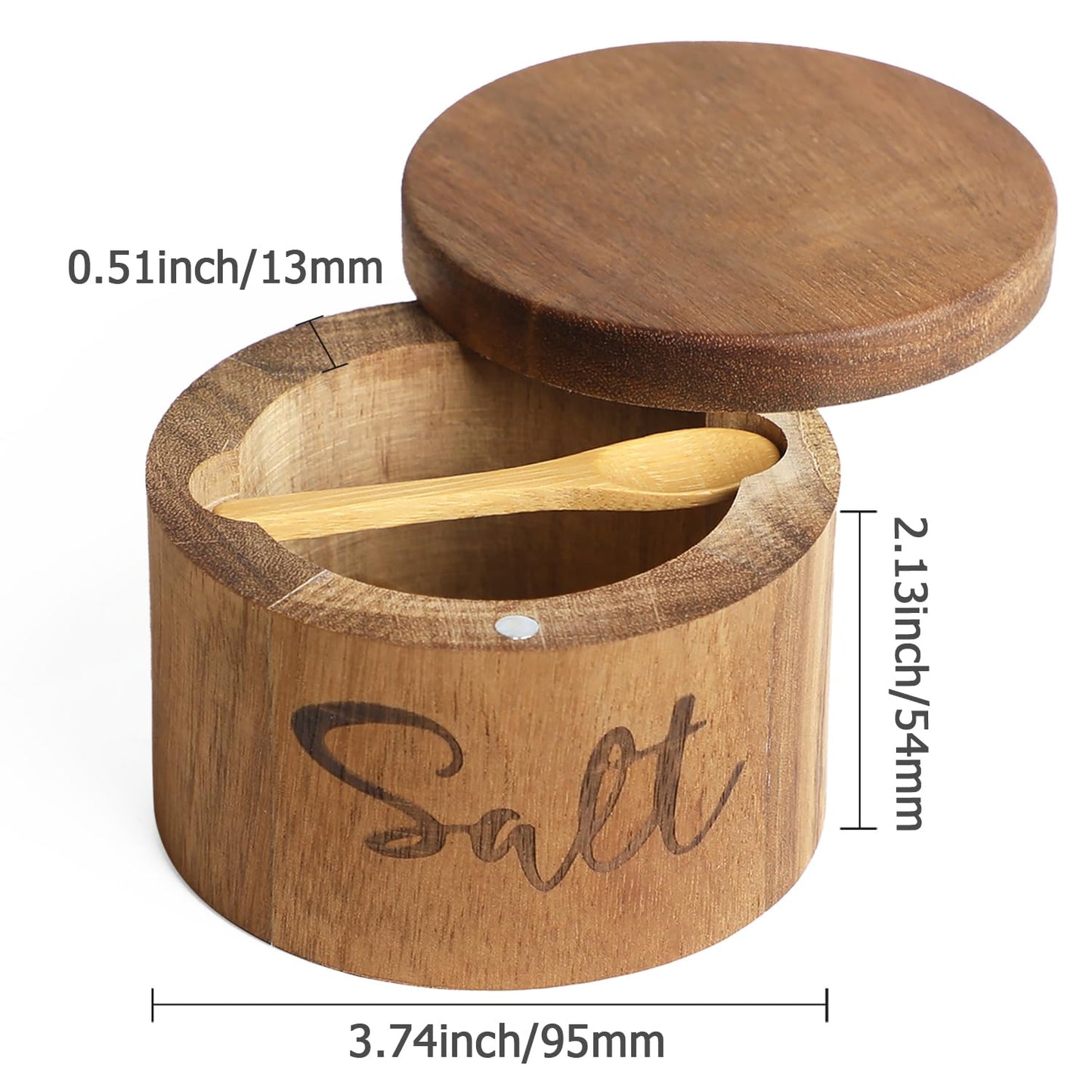 Acacia Wood Spice Boxs with Swivel Cover for Kitchen Countertop,Salt Keeper with Built-in Spoon,Modern Farmhouse Kitchen Decoror for Storing Seasonings (Labeled Salt)
