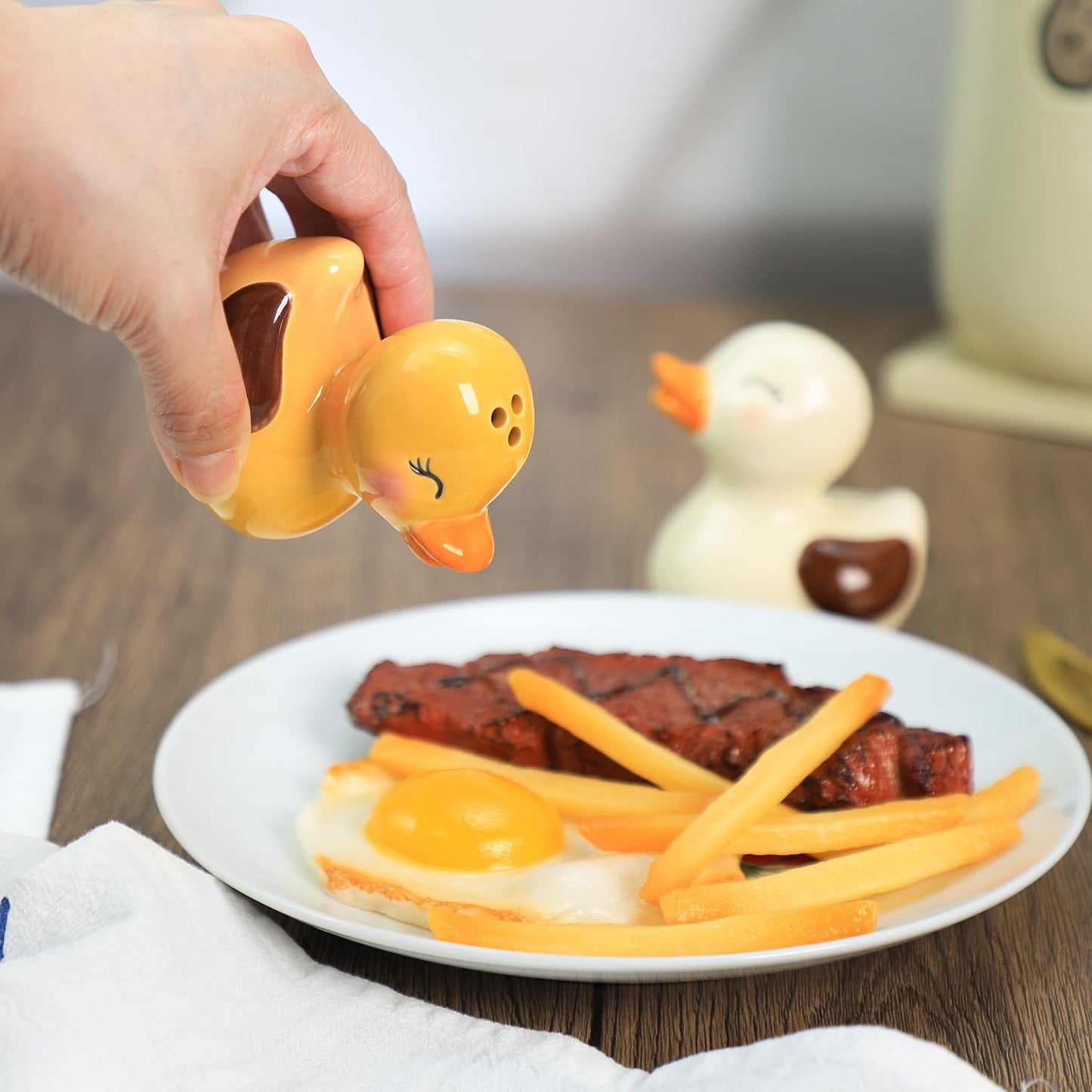 Bicuzat Ceramic Duck Shape Salt & Pepper Shakers Set, Hand-Painted Cute Duck Salt and Pepper Shakers, 2 PCS Set