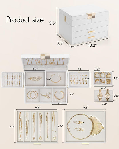 VLANDO 4 Layers Jewelry Box - Women Jewelry Box with Retractable Tray - Jewelry Organizer with Drawer for Necklaces, Rings, Bracelets, Earrings, Gift for Couples Mom Girls - White