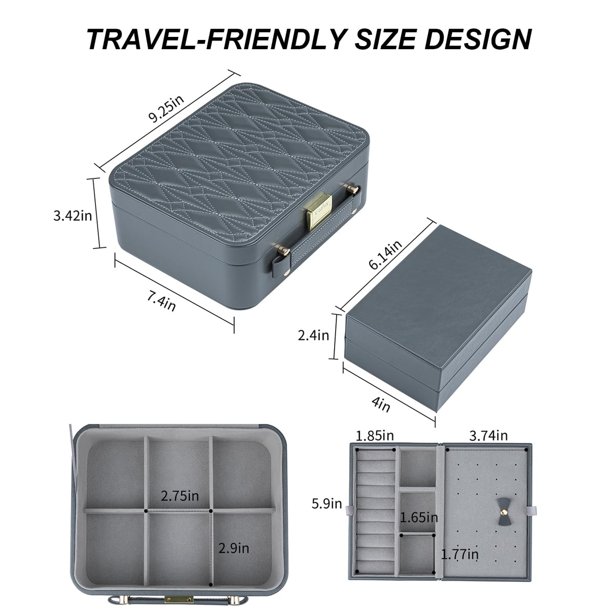 V-LAFUYLIFE Travel Jewelry Case Large Jewelry Box Jewelry Travel Organizer Jewelry Case with Handle Removable Tray Best Gift for Women Girls (Grey)