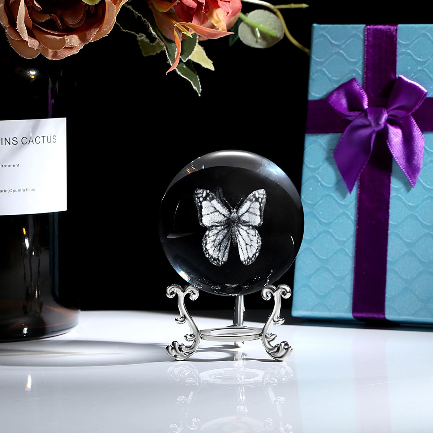 MAIBAOTA 3D Crystal Butterfly Gifts for Women Butterfly Figurines 60mm Glass Laser Ball Paperweight with Stand Glass Sphere