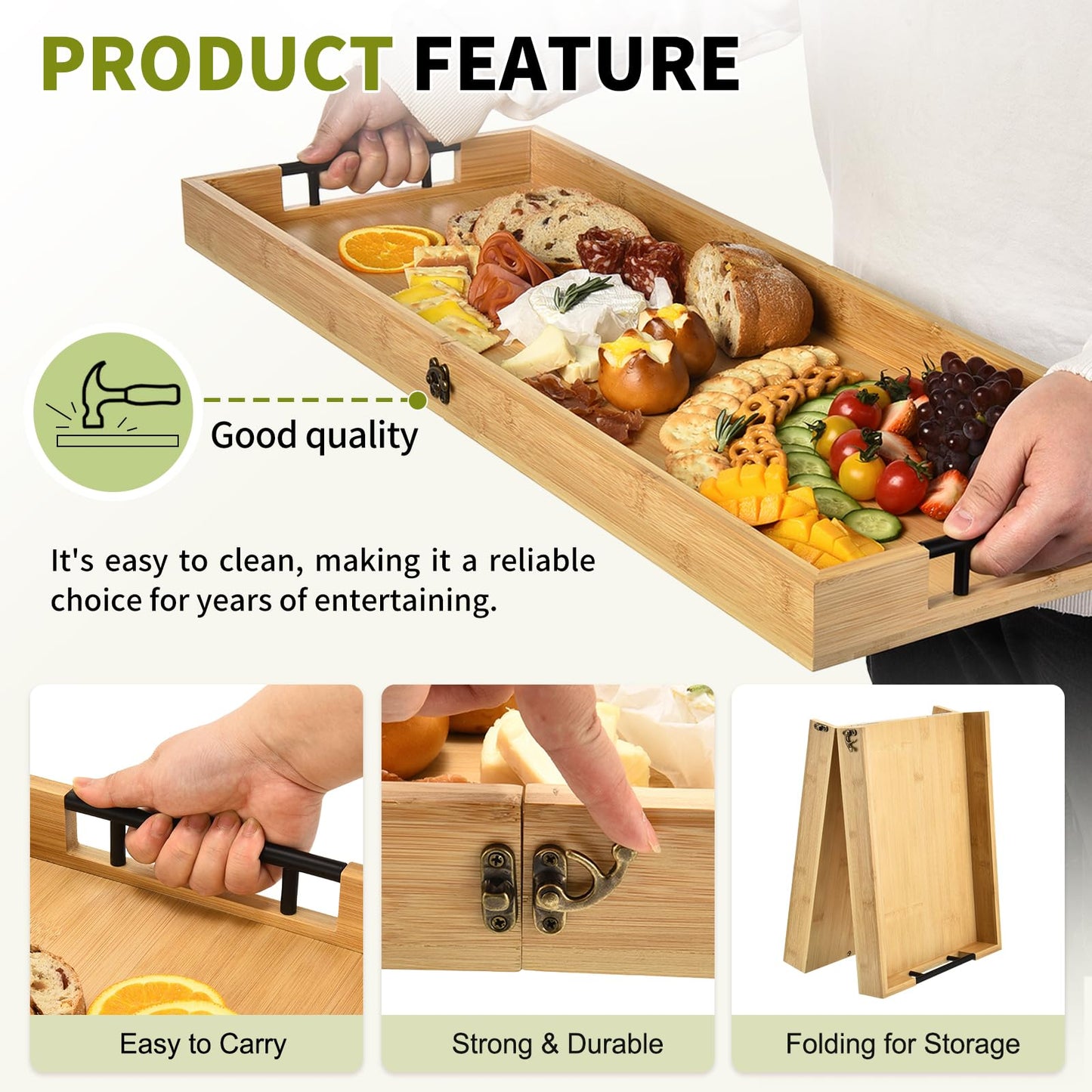 GLOKUUCA Large Charcuterie Board with Handles, 32 x 12 Inch Foldable Bamboo Serving Cheese Boards - Serving Platter for Meat, Party Appetizers, Outdoor & Fruit