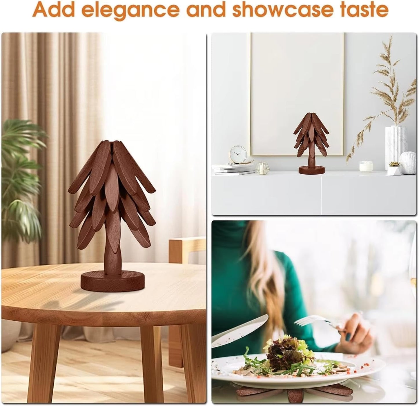 Tree Shape Trivet Set – 4 Wooden Trivets + 1 Stand for Hot Dishes, Pots, Bowls, Teapots, and Hot Pan Holders (Walnut)