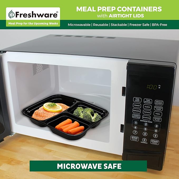 Freshware Bento Box Meal Prep Containers, 3-Compartment, 32 ounce