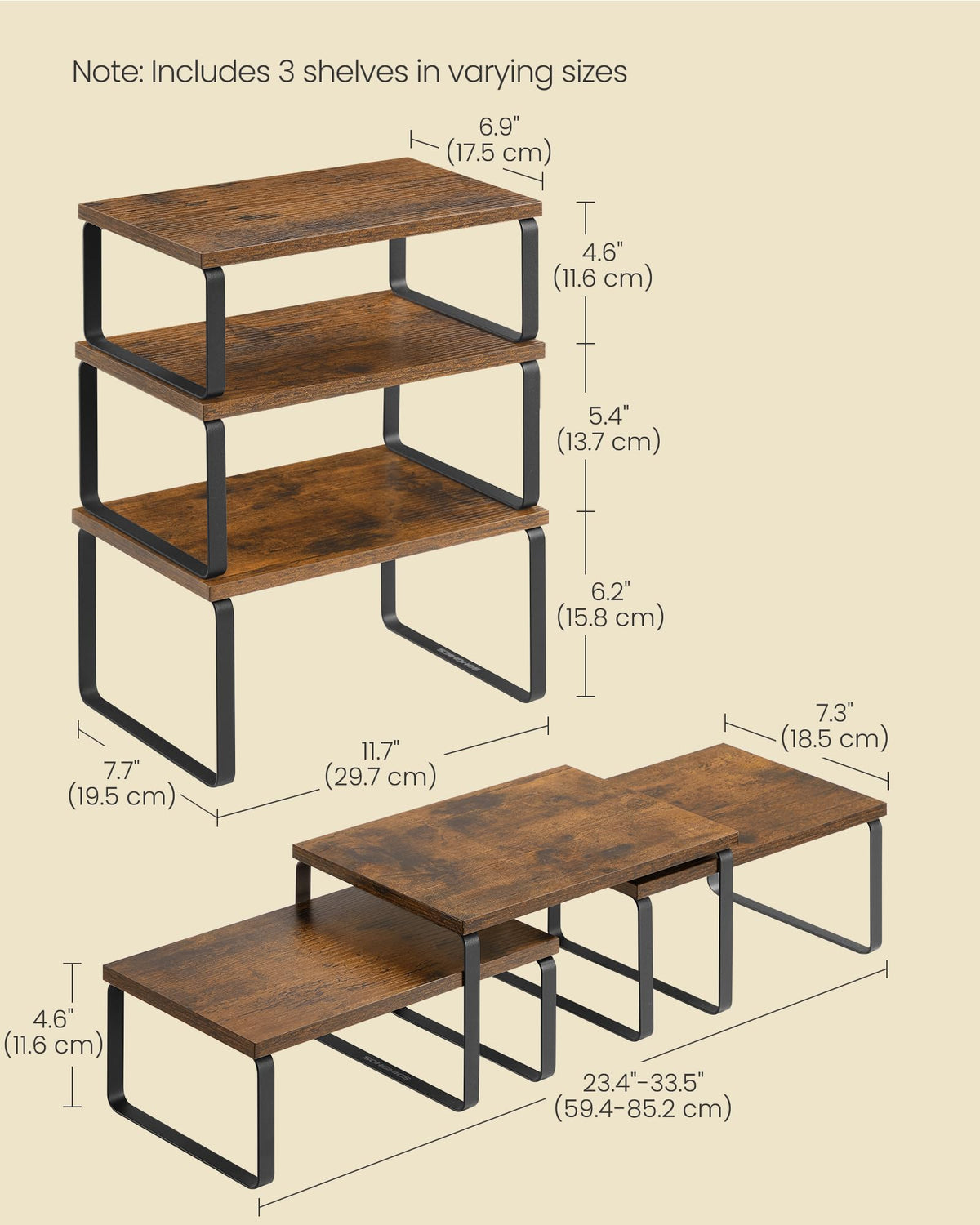 SONGMICS Cabinet Organizer Shelf, Set of 3 Kitchen Counter Shelves, Kitchen Storage, Spice Rack, Stackable, Expandable, Rustic Brown and Matte Black UKCS220K02