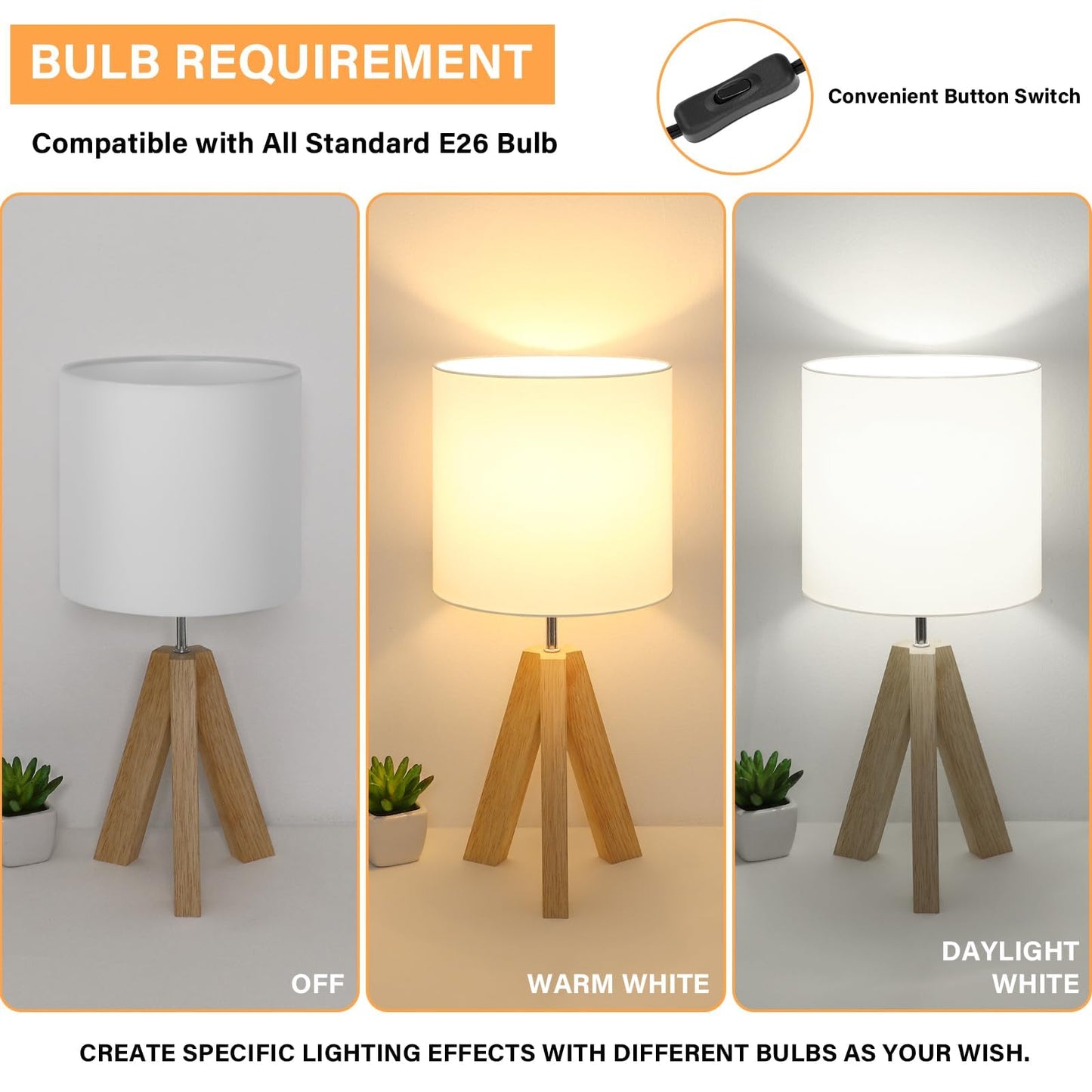 Small Beside Table Lamp, Wood Tripod Table Lamp with White Fabric Shade, Cute Boho Nightstand Minimalist Desk Lamp for Bedroom Living Room Nursery Kids Room Office Dorm, Bulb Not Included