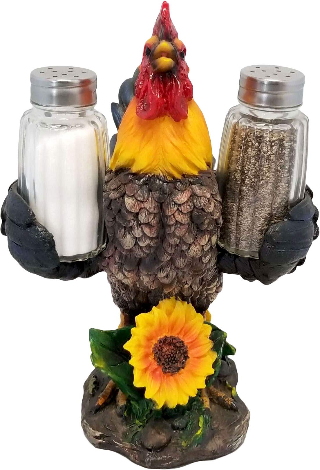 DWK 8-inch Spice to Crow About Country Rooster Salt and Pepper Shaker Figurine Display Holder Kitchen and Dining 3-Piece Set