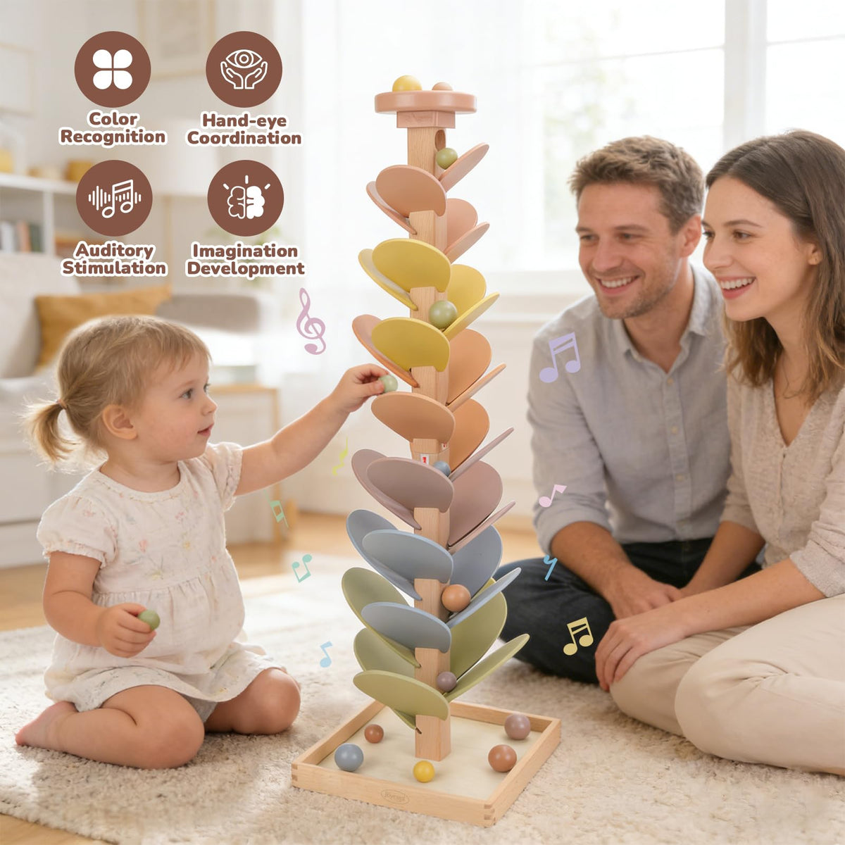 Joyreal Wooden Marble Run Music Tree for Kids 3-5 4-8, Montessori Wooden Ball Drop Toy, Rainbow Marble Tree Tower with Sound Leaves, Educational Learning Birthday Gift