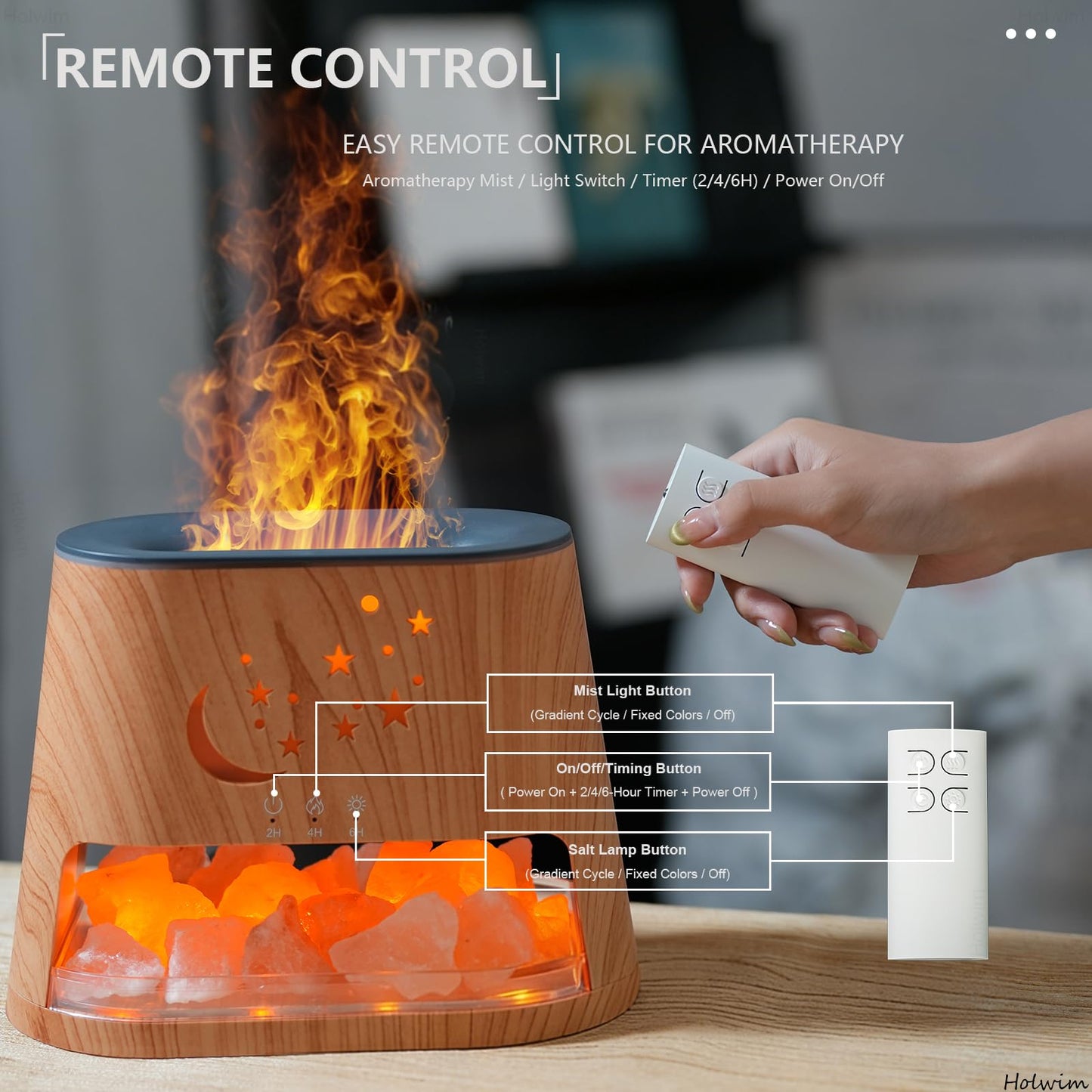 Flame Essential Oil Diffuser & Himalayan Salt Lamp: 260ml Aromatherapy Diffuser & Ultrasonic Cool Mist Humidifier with Himalayan Pink Salt Rock, Remote, 7-Color LED, 3 Timer (Moon Star + Wood Grain)
