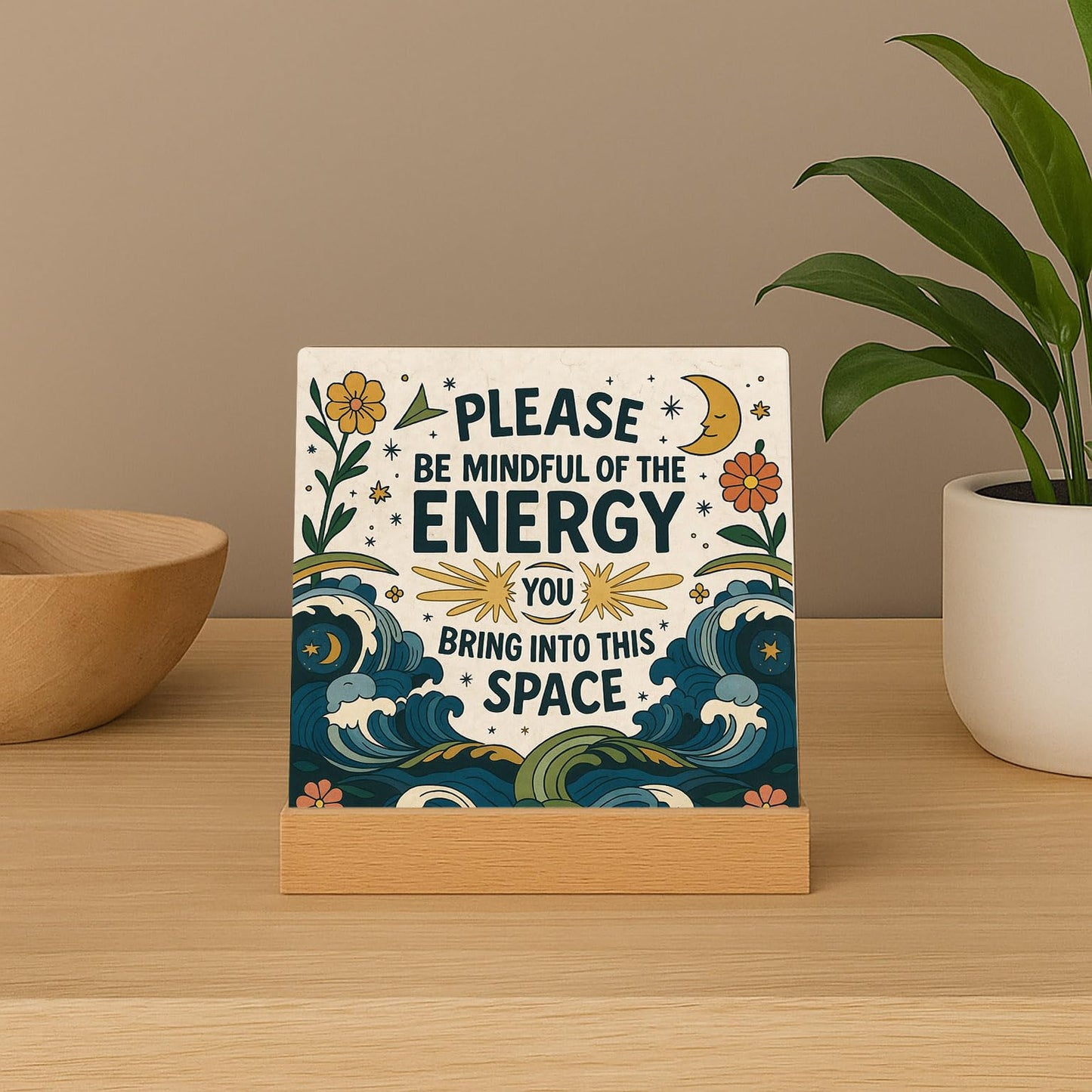 Meditation Room Spiritual Decor Positive Energy Desk Sign - Please Be Mindful of the Energy You Bring Into This Space Sign, Boho Decor for Home, Office, Yoga Room, Cafes