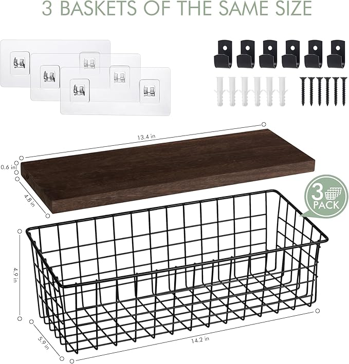 Wall Hanging Baskets 3 Pack, Diversified Wire Basket Shelves of Wooden Style