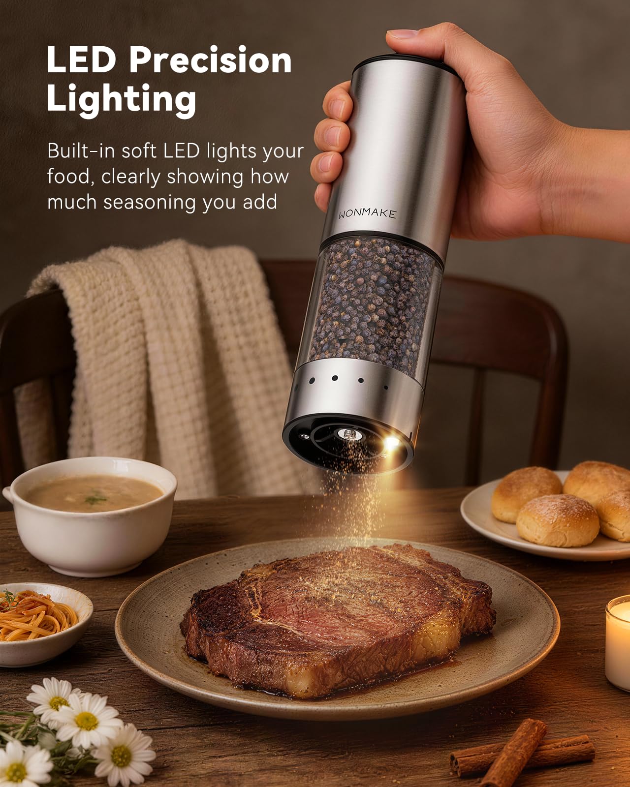 Electric Salt and Pepper Grinder Set, Stainless Steel Salt and Pepper Shakers with Storage Base, Type-C Rechargeable with Power Display, 5 External Coarseness Levels for Easy One-Hand Operation