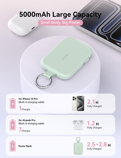 RORRY Portable Charger, 5000mAh Portable Charger Power Bank with Built-in Cables, Travel Keychain Charger Battery Pack for iPhone 17/16/15/14/13/12, for AirPods 2/3/4/Pro, Green