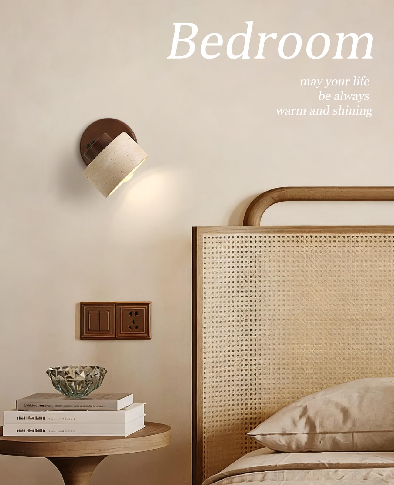 WOSBO Yellow Travertine Wall Lamp, 4.7" Wabi Sabi Marble Wall Sconce with Adjustable Natural Stone Lampshade & Wood Base, Mid Century Modern Wall Sconce for Bedside Bedroom Living Room Kitchen Island