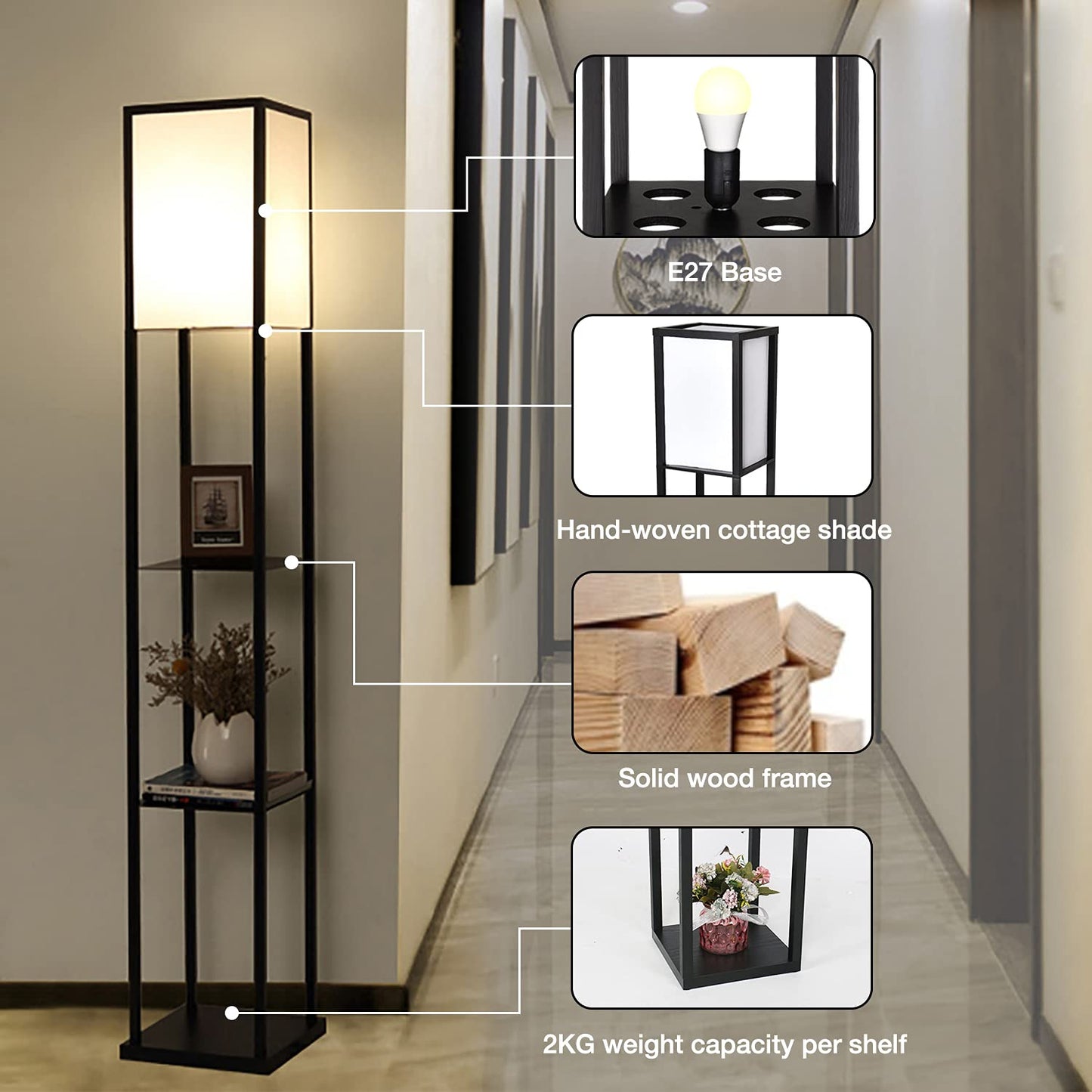 PULUOMIS Floor Lamp with Shelves, 3 Layers Wooden Shelf Standing Light, Modern Reading Lamp for Bedroom, Living Room, Office, Home Decoration (Size:26x 26x 160 cm) (Without Bulb)-Black