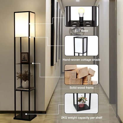 PULUOMIS Floor Lamp with Shelves, 3 Layers Wooden Shelf Standing Light, Modern Reading Lamp for Bedroom, Living Room, Office, Home Decoration (Size:26x 26x 160 cm) (Without Bulb)-Black
