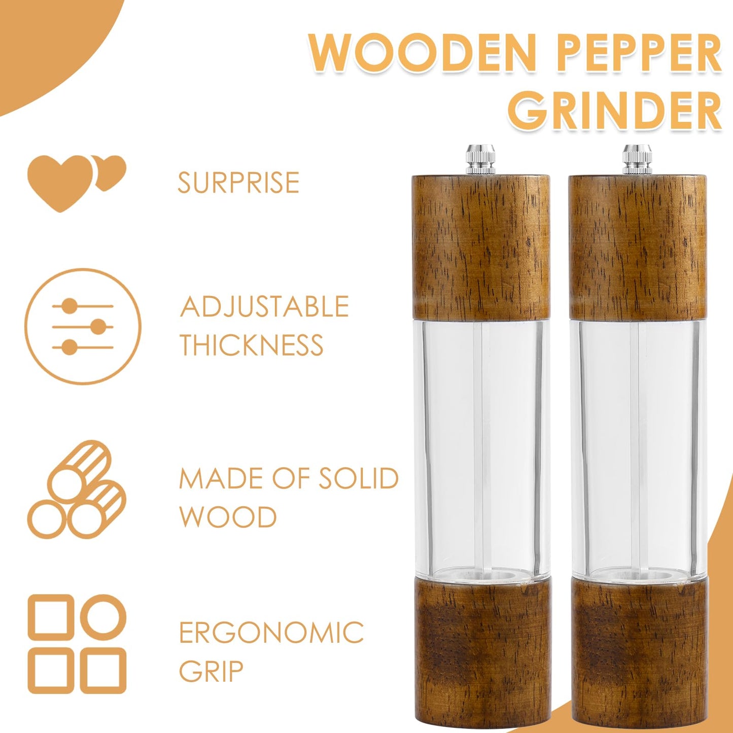 2 Pack Wooden Salt and Pepper Grinder Set,8 Inch Manual Acrylic Salt and Pepper Mills with Adjustable Ceramic Grinder Core,Rustic Wood Finish Spice Grinder Set for Kitchen Dining Table BBQ