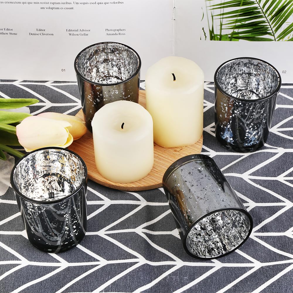 BTGLLAS Black Mercury Glass Tea Light Holders Set of 36 - Elegant Votive Candle Holders for Weddings, Showers and Home Decor - Perfect for Table Centerpieces and Parties (Glass, Black)