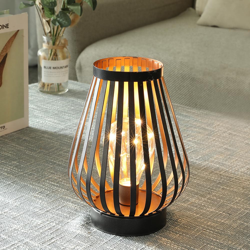 JHY DESIGN Metal Cage LED Lantern 8.7''H Battery Powered Cordless Accent Light with LED Edison Style Bulb Great for Weddings Parties Patio Events Indoors Outdoors Christmas Decorations