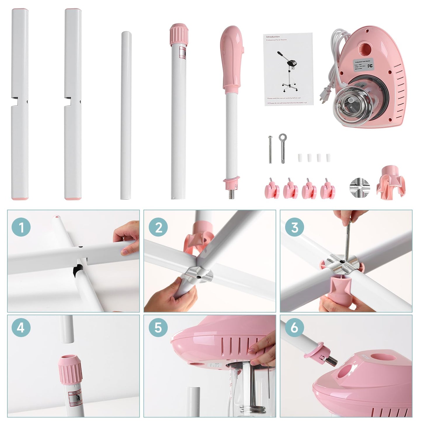 Professional Facial Steamer, 2In1 Face Steamer on Wheels for Facial Deep Cleaning, SPA Facial Steamer for Esthetician with 5X Magnifying Lamp, Stand Face Steamer with Time Setting, Pink