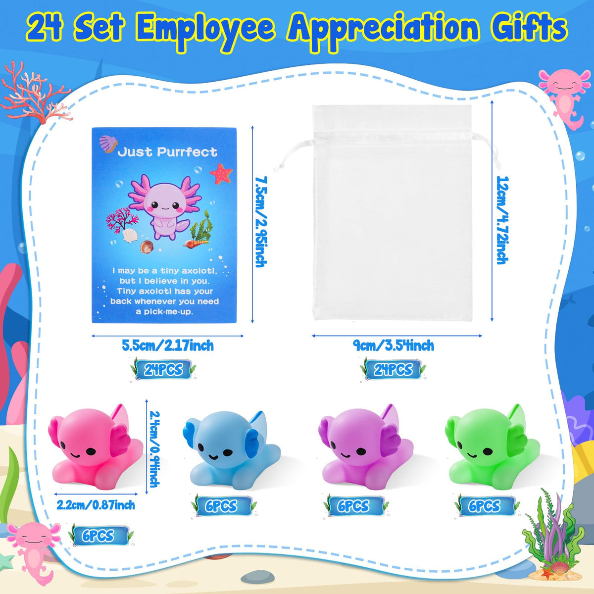 Soulchen 24 Set Employee Appreciation Gift Bulk for Coworker Axolotl Squeeze Gifts for Stress Relief Motivational Inspirational Note Card, Organza Bag Staff Valentine's Day Thank You Gift