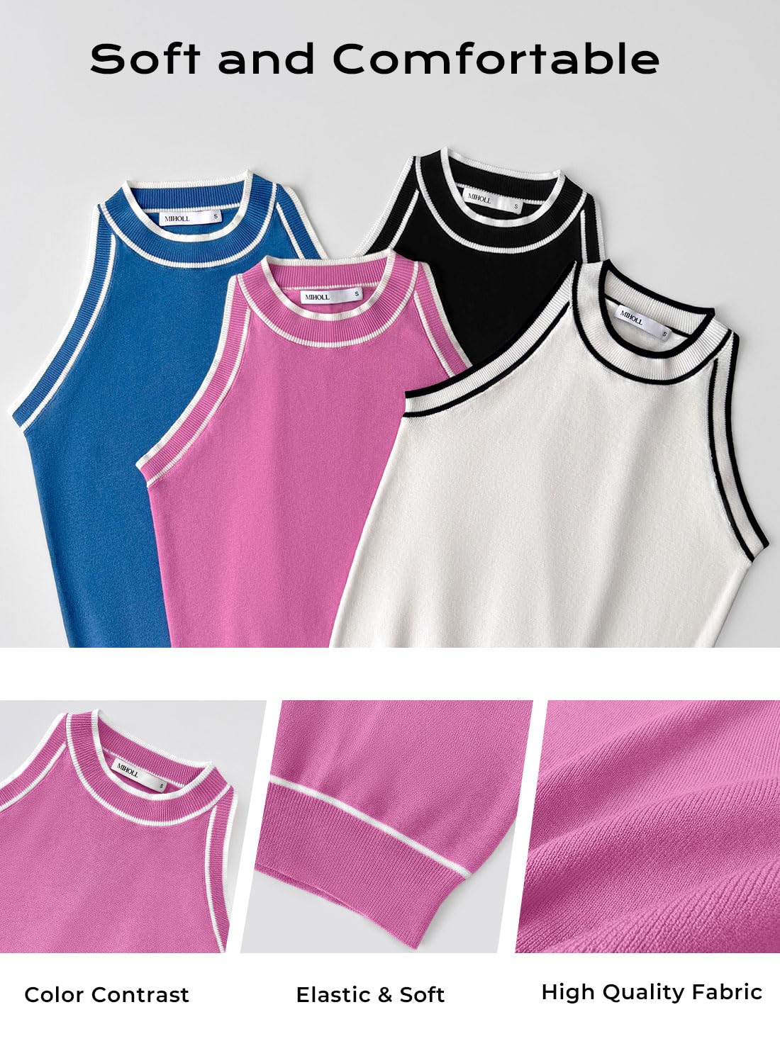 MIHOLL Womens Ribbed Tank Tops Summer Sleeveless High Neck Casual Slim Fitted Basic Knit Cami Shirts(Pink,Medium)