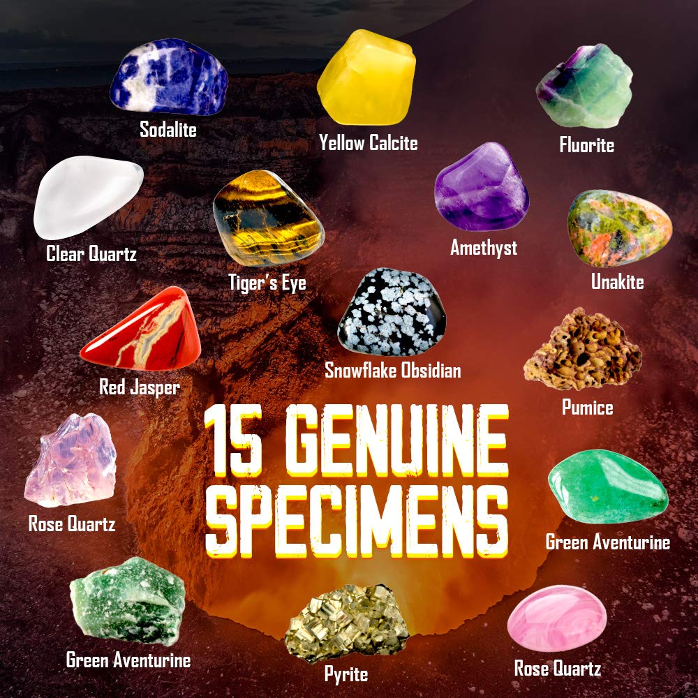 Rocks Collection - 15-Piece Rock Collections for Kids - Cool Geology Gem Kit with Identification Sheet - Gemstones Set Box with Learning Guide and Storage Case - Educational Gift for Kid