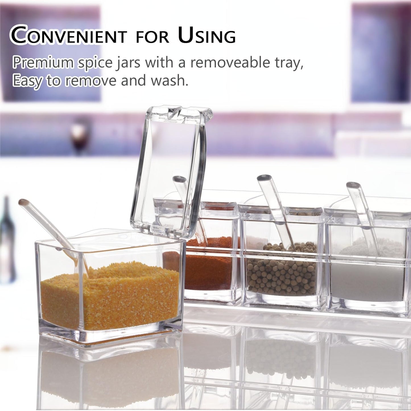 Clear Seasoning Box,V-Resourcing 4 Pieces Clear Seasoning Storage Container for Spice Salt Sugar Cruet,Condiment Jars with Spoons…