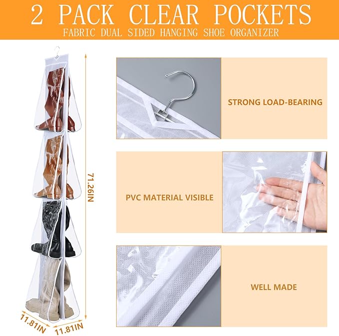 Windyun Sets 16 Large Clear Pockets Fabric Dual Sided Hanging Shoe Rack